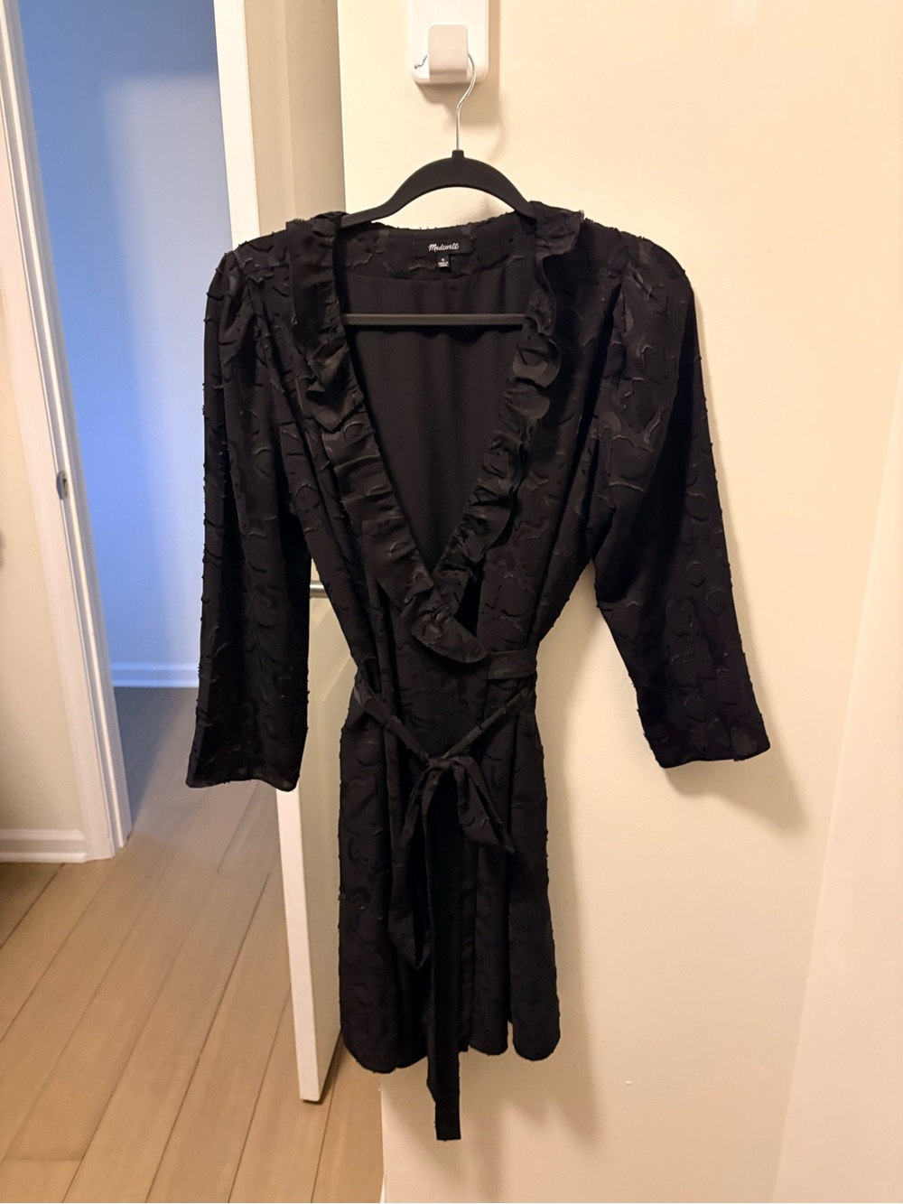 Madewell Black Ruffled Tie-Waist Mini Dress